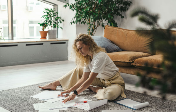 Mujer revisando los planos de su nuevo hogar familiar en Pobla de Farnals